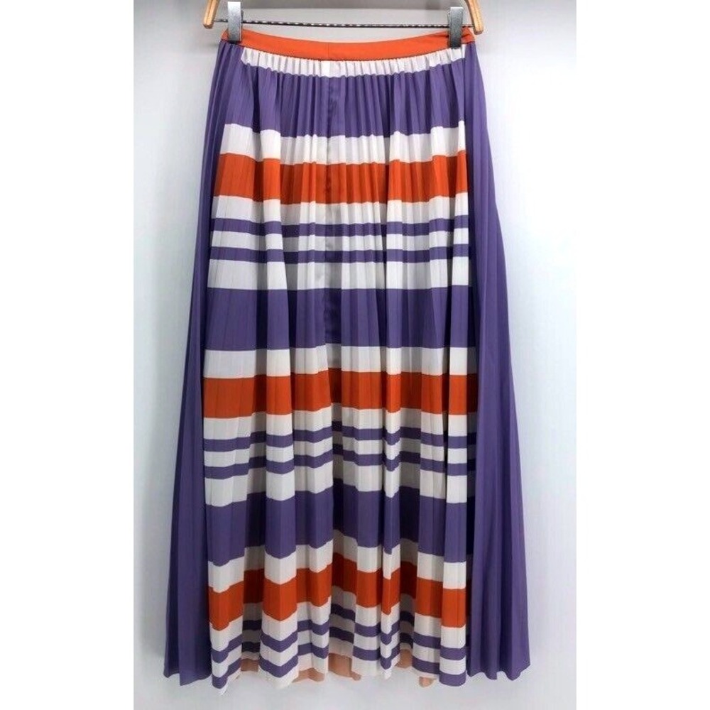 Three Floor Cleo Skirt Womens Sz 4 Purple Orange White Stripe Midi Kiss Pleated
